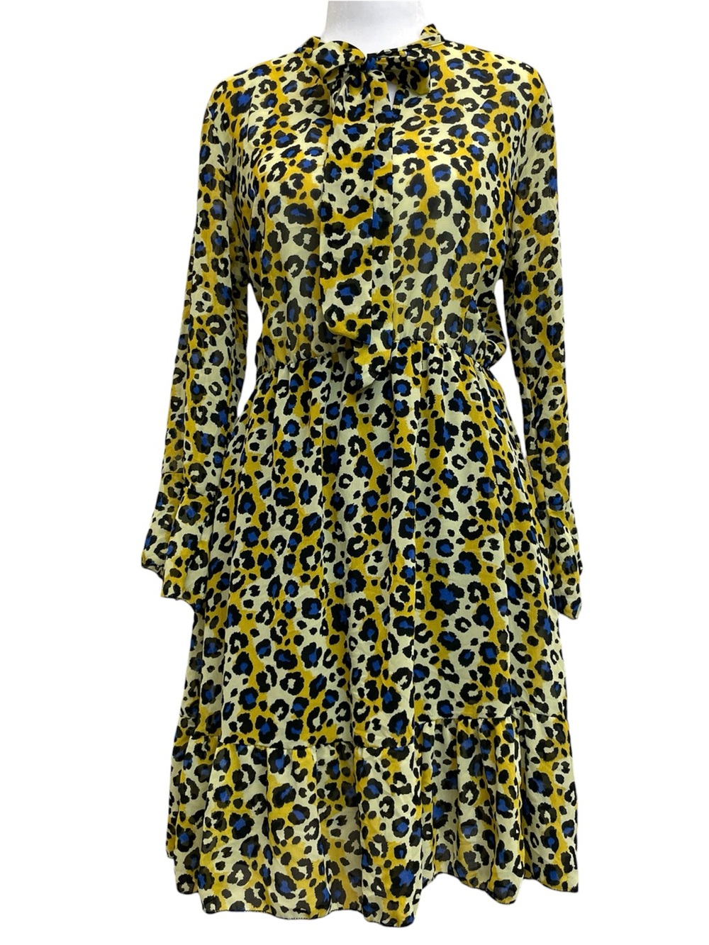 Johanna Paris Yellow Leopard Print Flared Sleeve Tie Neck Tiered Dress